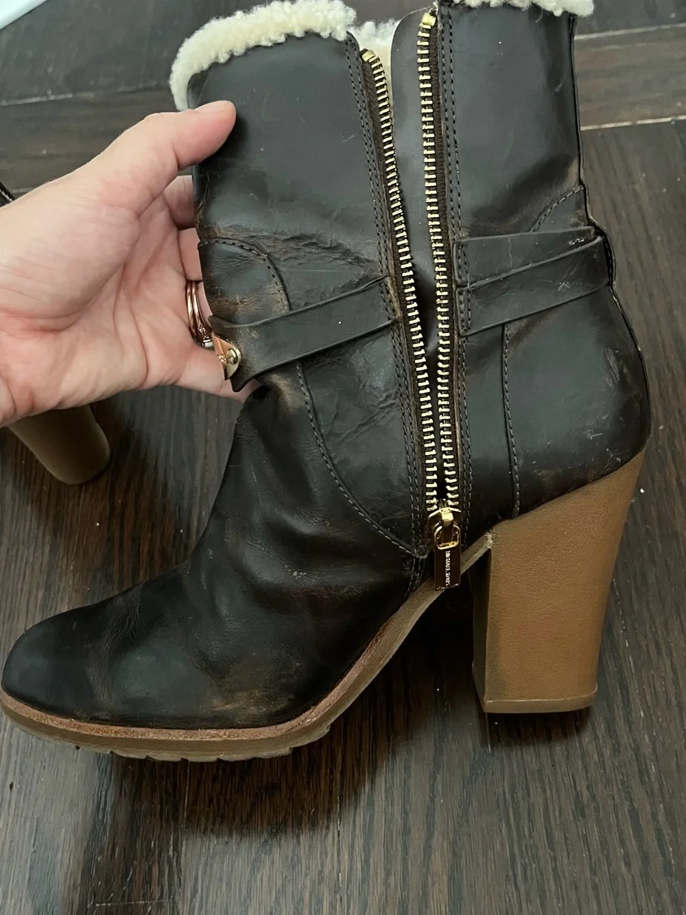 Michael Kors Dark Brown Leather Shearling-Trim Block Heel Ankle Boots